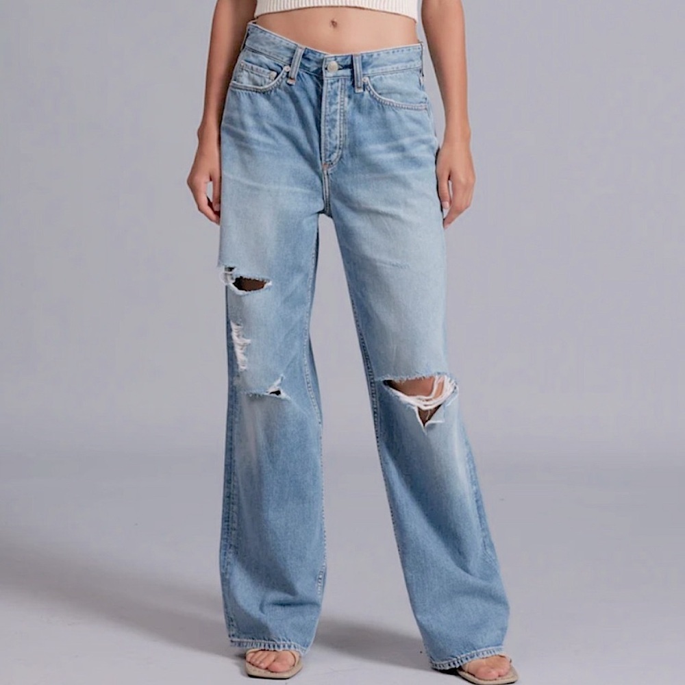 rag & bone Light Blue Distressed Wide Leg Jeans